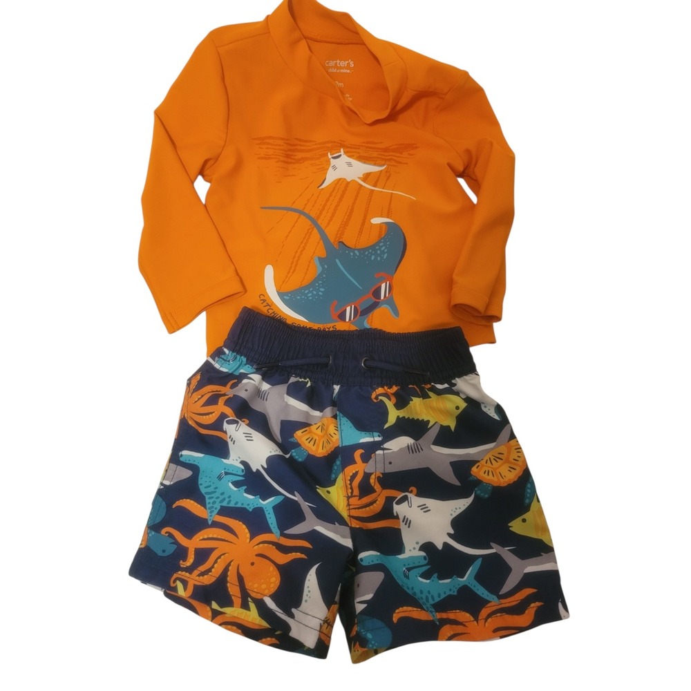 Carters Child of Mine Baby Boys 12M Rash Guard Swim Trunks Set Orange Navy Blue